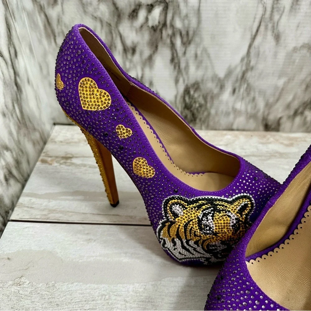 Herstar Women Sz 9 LSU Tigers Crystal Heels Pumps Shoes Purple Gold Glitter Glam